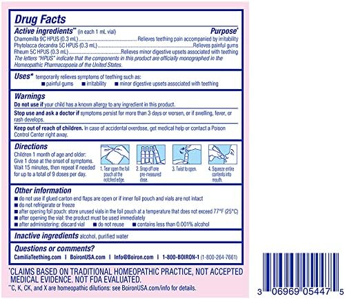 Boiron Camilia Teething Drops for Daytime and Nighttime Relief of Painful or Swollen Gums and Irritability in Babies   40 Liquid Droppers Bundled in 8 separate packs of 5