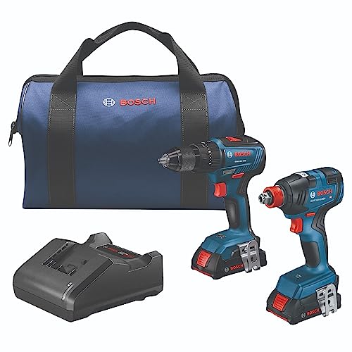 Bosch GXL18V 240B22 18V 2 Tool Combo Kit with 1/2 In  Hammer Drill/Driver  Two In One 1/4 In  and 1/2 In  Bit/Socket Impact Driver/Wrench and  2  2 Ah Standard Power Batteries