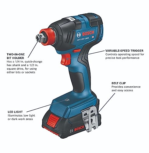 Bosch GXL18V 240B22 18V 2 Tool Combo Kit with 1/2 In  Hammer Drill/Driver  Two In One 1/4 In  and 1/2 In  Bit/Socket Impact Driver/Wrench and  2  2 Ah Standard Power Batteries