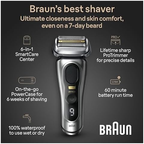 Braun Series 9 PRO  9577cc Electric Razor for Men  5 Pro Shave Elements & Precision Long Hair Trimmer  6in1 SmartCare Center  PowerCase for Mobile Charging  Wet & Dry  60min Battery Runtime