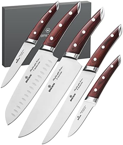 Brewin CHEFILOSOPHI Japanese Chef Knife Set 5 PCS with Elegant Red Pakkawood Handle Ergonomic Design Professional Ultra Sharp Kitchen Knives for Cooking High Carbon Stainless Steel