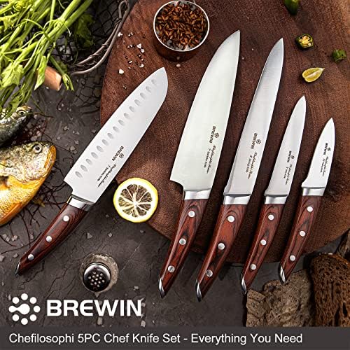 Brewin CHEFILOSOPHI Japanese Chef Knife Set 5 PCS with Elegant Red Pakkawood Handle Ergonomic Design Professional Ultra Sharp Kitchen Knives for Cooking High Carbon Stainless Steel