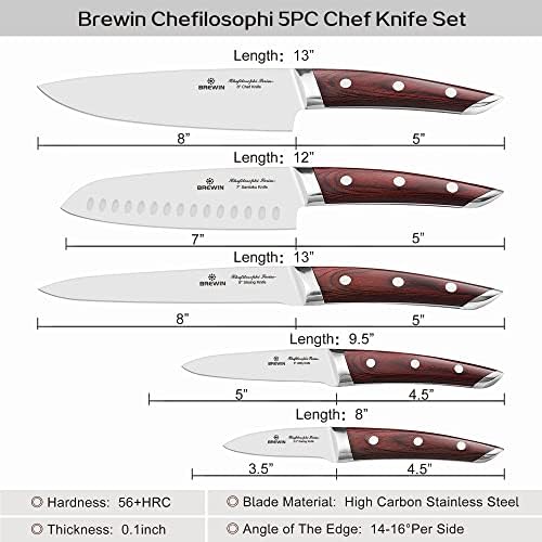 Brewin CHEFILOSOPHI Japanese Chef Knife Set 5 PCS with Elegant Red Pakkawood Handle Ergonomic Design Professional Ultra Sharp Kitchen Knives for Cooking High Carbon Stainless Steel