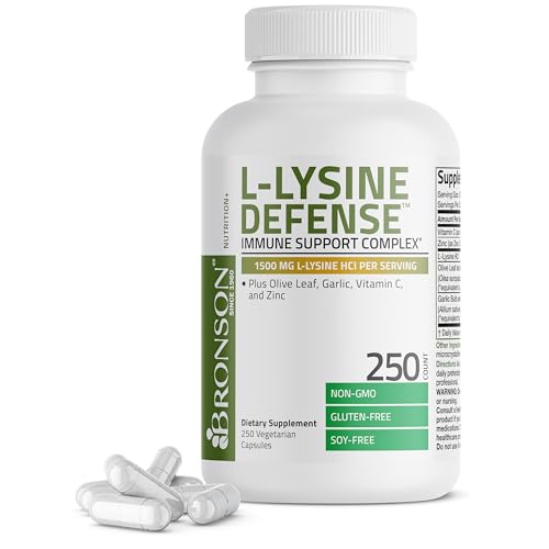 Bronson L Lysine Defense Immune Support Complex 1500 MG L Lysine Plus Olive Leaf  Garlic  Vitamin C and Zinc   Non GMO  250 Vegetarian Capsules