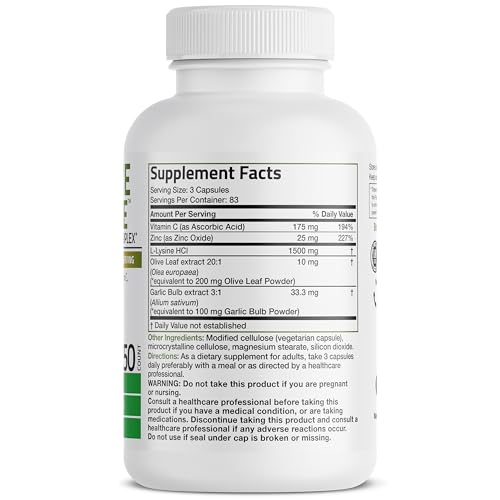 Bronson L Lysine Defense Immune Support Complex 1500 MG L Lysine Plus Olive Leaf  Garlic  Vitamin C and Zinc   Non GMO  250 Vegetarian Capsules