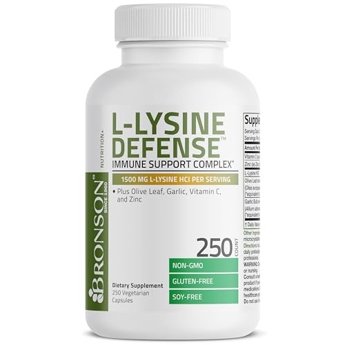 Bronson L Lysine Defense Immune Support Complex 1500 MG L Lysine Plus Olive Leaf  Garlic  Vitamin C and Zinc   Non GMO  250 Vegetarian Capsules