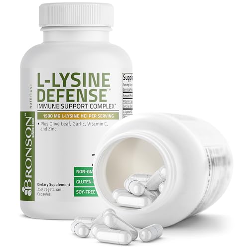 Bronson L Lysine Defense Immune Support Complex 1500 MG L Lysine Plus Olive Leaf  Garlic  Vitamin C and Zinc   Non GMO  250 Vegetarian Capsules