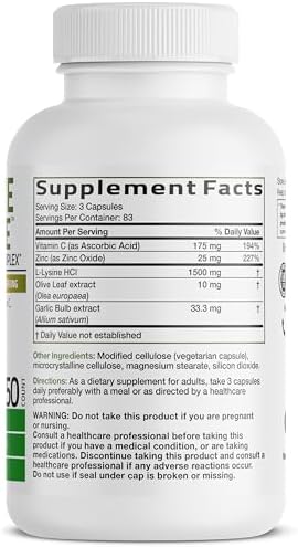Bronson L Lysine Defense Immune Support Complex 1500 MG L Lysine Plus Olive Leaf  Garlic  Vitamin C and Zinc   Non GMO  250 Vegetarian Capsules