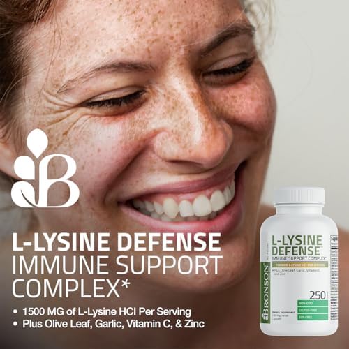 Bronson L Lysine Defense Immune Support Complex 1500 MG L Lysine Plus Olive Leaf  Garlic  Vitamin C and Zinc   Non GMO  250 Vegetarian Capsules