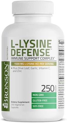Bronson L Lysine Defense Immune Support Complex 1500 MG L Lysine Plus Olive Leaf  Garlic  Vitamin C and Zinc   Non GMO  250 Vegetarian Capsules