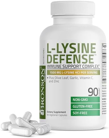 Bronson L Lysine Defense Immune Support Complex 1500 MG L Lysine Plus Olive Leaf  Garlic  Vitamin C and Zinc   Non GMO  250 Vegetarian Capsules