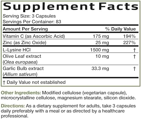 Bronson L Lysine Defense Immune Support Complex 1500 MG L Lysine Plus Olive Leaf  Garlic  Vitamin C and Zinc   Non GMO  250 Vegetarian Capsules