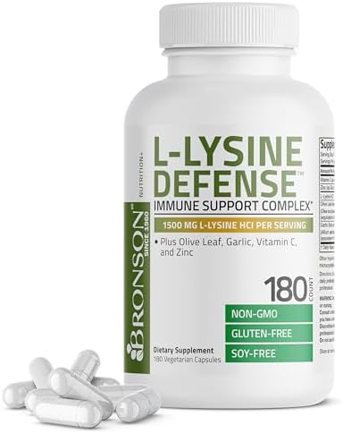 Bronson L Lysine Defense Immune Support Complex 1500 MG L Lysine Plus Olive Leaf  Garlic  Vitamin C and Zinc   Non GMO  250 Vegetarian Capsules