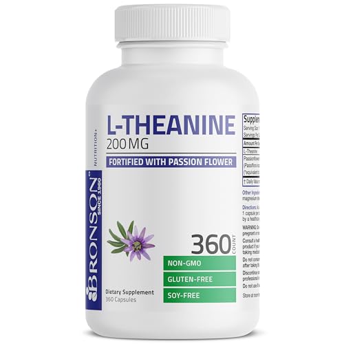 Bronson L Theanine 200mg  Double Strength  with Passion Flower Herb  Non GMO Gluten Free Soy Free Stress Management Supplement  360 Capsules