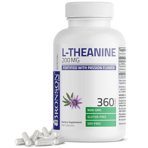 Bronson L Theanine 200mg  Double Strength  with Passion Flower Herb  Non GMO Gluten Free Soy Free Stress Management Supplement  360 Capsules