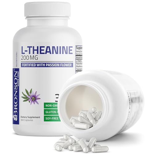 Bronson L Theanine 200mg  Double Strength  with Passion Flower Herb  Non GMO Gluten Free Soy Free Stress Management Supplement  360 Capsules
