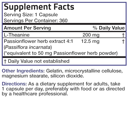 Bronson L Theanine 200mg  Double Strength  with Passion Flower Herb  Non GMO Gluten Free Soy Free Stress Management Supplement  360 Capsules