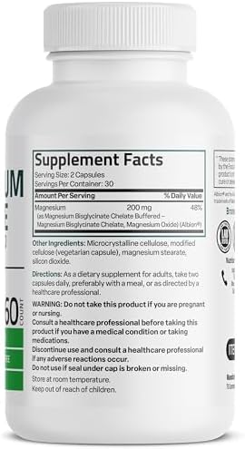 Bronson Magnesium Glycinate 200 MG per Serving Chelated for High Absorption  Gentle On Stomach  Non GMO  60 Vegetarian Capsules