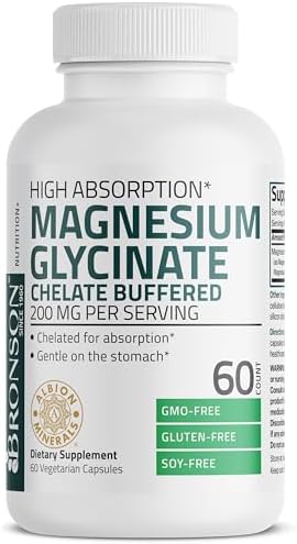 Bronson Magnesium Glycinate 200 MG per Serving Chelated for High Absorption  Gentle On Stomach  Non GMO  60 Vegetarian Capsules