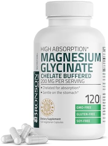 Bronson Magnesium Glycinate 200 MG per Serving Chelated for High Absorption  Gentle On Stomach  Non GMO  60 Vegetarian Capsules