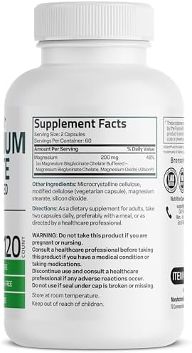 Bronson Magnesium Glycinate 200 MG per Serving Chelated for High Absorption  Gentle On Stomach  Non GMO  120 Vegetarian Capsules