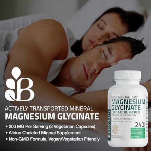 Bronson Magnesium Glycinate 200 MG per Serving Chelated for High Absorption  Gentle On Stomach  Non GMO  120 Vegetarian Capsules