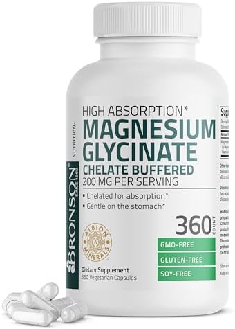 Bronson Magnesium Glycinate 200 MG per Serving Chelated for High Absorption  Gentle On Stomach  Non GMO  120 Vegetarian Capsules