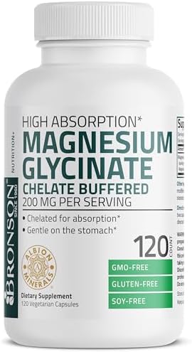 Bronson Magnesium Glycinate 200 MG per Serving Chelated for High Absorption  Gentle On Stomach  Non GMO  120 Vegetarian Capsules