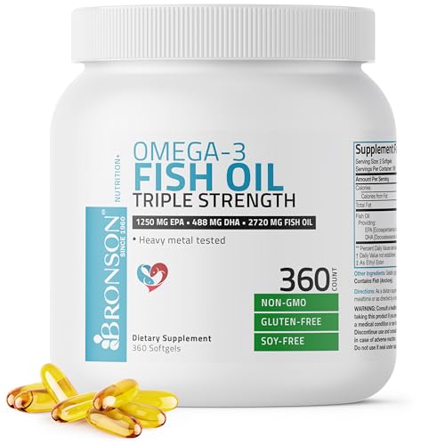 Bronson Omega 3 Fish Oil Triple Strength 2720 mg  High EPA 1250 mg DHA 488 mg  Non GMO Heavy Metal Tested  360 Softgels