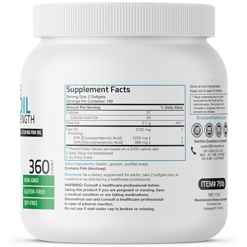 Bronson Omega 3 Fish Oil Triple Strength 2720 mg  High EPA 1250 mg DHA 488 mg  Non GMO Heavy Metal Tested  360 Softgels