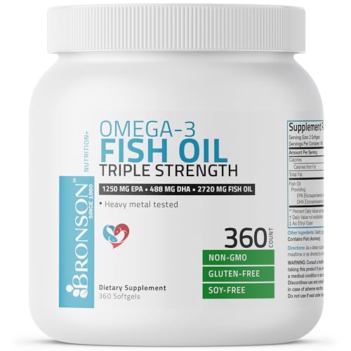 Bronson Omega 3 Fish Oil Triple Strength 2720 mg  High EPA 1250 mg DHA 488 mg  Non GMO Heavy Metal Tested  360 Softgels