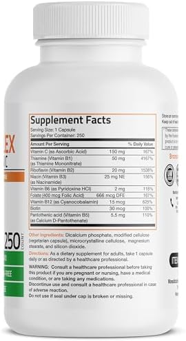 Bronson Vitamin B Complex with Vitamin C   Immune Health  Energy Support & Nervous System Support   Non GMO  250 Vegetarian Capsules