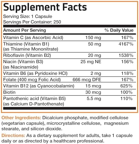 Bronson Vitamin B Complex with Vitamin C   Immune Health  Energy Support & Nervous System Support   Non GMO  250 Vegetarian Capsules