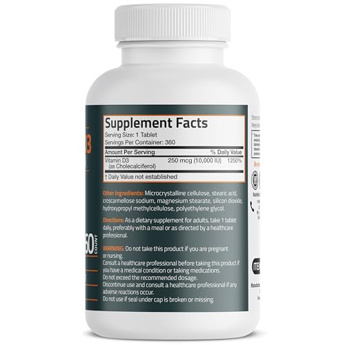 Bronson Vitamin D3 10 000iu  250mcg  1 Year Supply for Healthy Muscle Function and Immune Support  Non GMO  360 Tablets