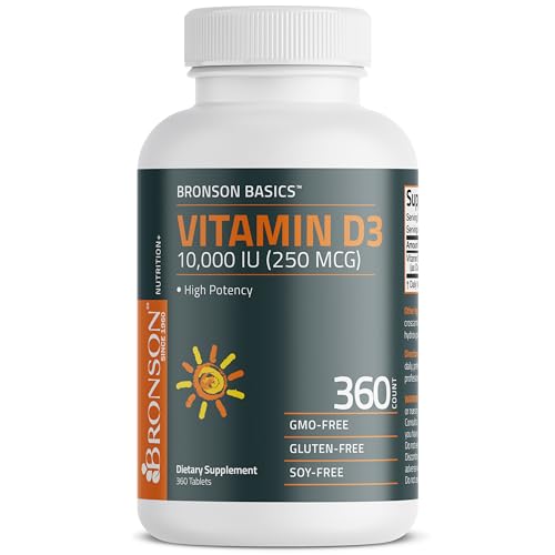 Bronson Vitamin D3 10 000iu  250mcg  1 Year Supply for Healthy Muscle Function and Immune Support  Non GMO  360 Tablets