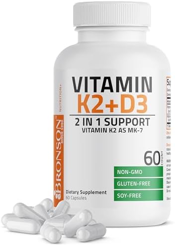Bronson Vitamin K2 D3  MK7  Supplement Non GMO Formula Vitamin D3 5000IU  125 mcg  & 90 mcg K2 MK 7  Easy to Swallow D & K Complex  60 Capsules