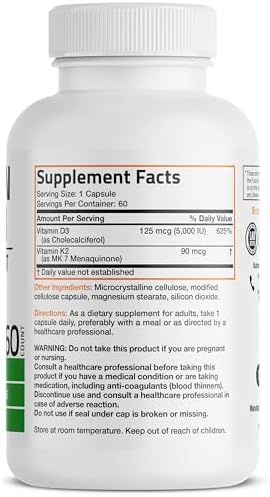 Bronson Vitamin K2 D3  MK7  Supplement Non GMO Formula Vitamin D3 5000IU  125 mcg  & 90 mcg K2 MK 7  Easy to Swallow D & K Complex  60 Capsules
