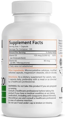 Bronson Vitamin K2 D3  MK7  Supplement Non GMO Formula Vitamin D3 5000IU  125 mcg  & 90 mcg K2 MK 7  Easy to Swallow D & K Complex  60 Capsules