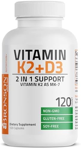 Bronson Vitamin K2 D3  MK7  Supplement Non GMO Formula Vitamin D3 5000IU  125 mcg  & 90 mcg K2 MK 7  Easy to Swallow D & K Complex  60 Capsules