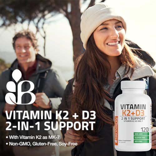 Bronson Vitamin K2 D3  MK7  Supplement Non GMO Formula Vitamin D3 5000IU  125 mcg  & 90 mcg K2 MK 7  Easy to Swallow D & K Complex  60 Capsules