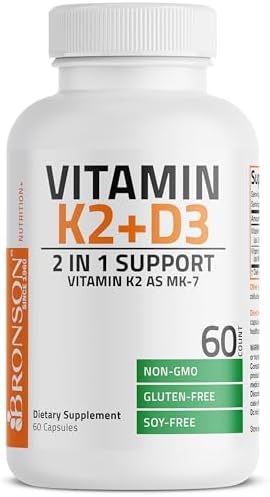 Bronson Vitamin K2 D3  MK7  Supplement Non GMO Formula Vitamin D3 5000IU  125 mcg  & 90 mcg K2 MK 7  Easy to Swallow D & K Complex  60 Capsules