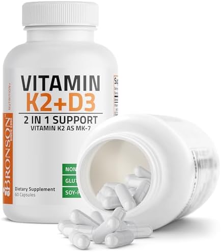 Bronson Vitamin K2 D3  MK7  Supplement Non GMO Formula Vitamin D3 5000IU  125 mcg  & 90 mcg K2 MK 7  Easy to Swallow D & K Complex  60 Capsules