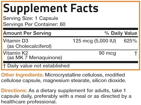 Bronson Vitamin K2 D3  MK7  Supplement Non GMO Formula Vitamin D3 5000IU  125 mcg  & 90 mcg K2 MK 7  Easy to Swallow D & K Complex  60 Capsules