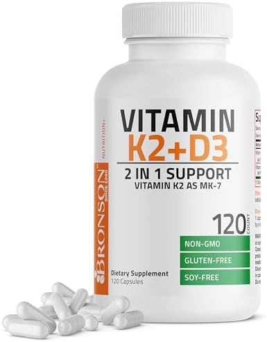 Bronson Vitamin K2 D3  MK7  Supplement Non GMO Formula Vitamin D3 5000IU  125 mcg  & 90 mcg K2 MK 7  Easy to Swallow D & K Complex  60 Capsules