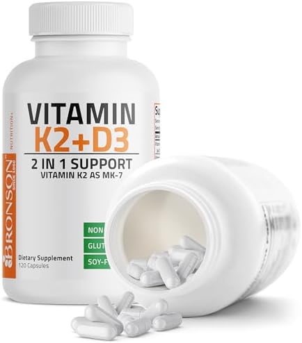 Bronson Vitamin K2 D3  MK7  Supplement Non GMO Formula Vitamin D3 5000IU  125 mcg  & 90 mcg K2 MK 7  Easy to Swallow D & K Complex  60 Capsules