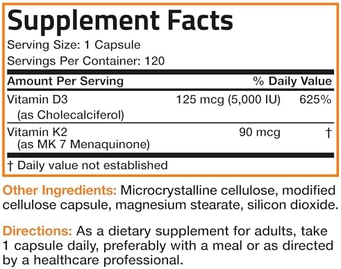Bronson Vitamin K2 D3  MK7  Supplement Non GMO Formula Vitamin D3 5000IU  125 mcg  & 90 mcg K2 MK 7  Easy to Swallow D & K Complex  60 Capsules