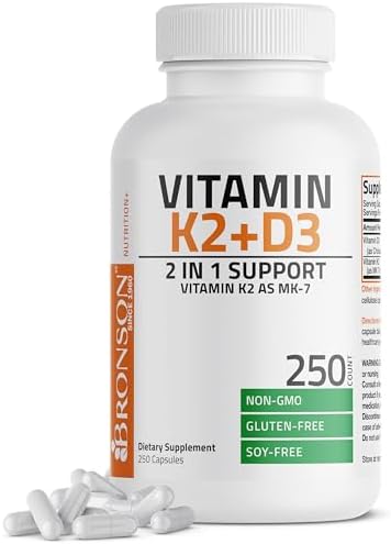 Bronson Vitamin K2 D3  MK7  Supplement Non GMO Formula Vitamin D3 5000IU  125 mcg  & 90 mcg K2 MK 7  Easy to Swallow D & K Complex  60 Capsules
