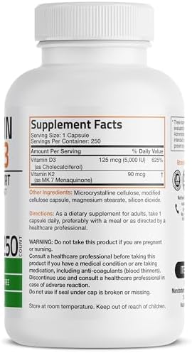 Bronson Vitamin K2 D3  MK7  Supplement Non GMO Formula Vitamin D3 5000IU  125 mcg  & 90 mcg K2 MK 7  Easy to Swallow D & K Complex  60 Capsules