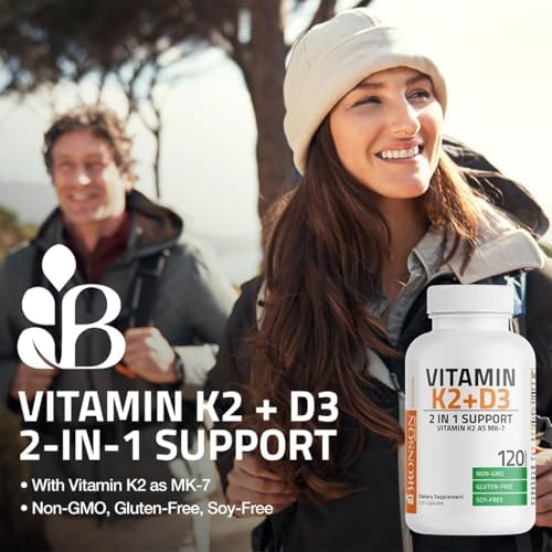 Bronson Vitamin K2 D3  MK7  Supplement Non GMO Formula Vitamin D3 5000IU  125 mcg  & 90 mcg K2 MK 7  Easy to Swallow D & K Complex  60 Capsules