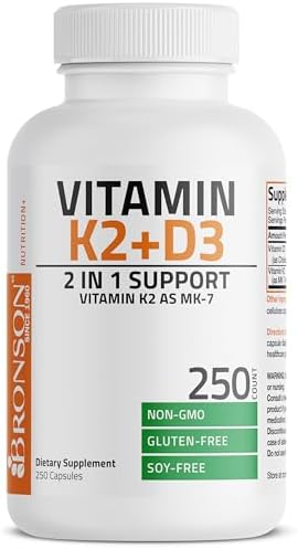Bronson Vitamin K2 D3  MK7  Supplement Non GMO Formula Vitamin D3 5000IU  125 mcg  & 90 mcg K2 MK 7  Easy to Swallow D & K Complex  60 Capsules